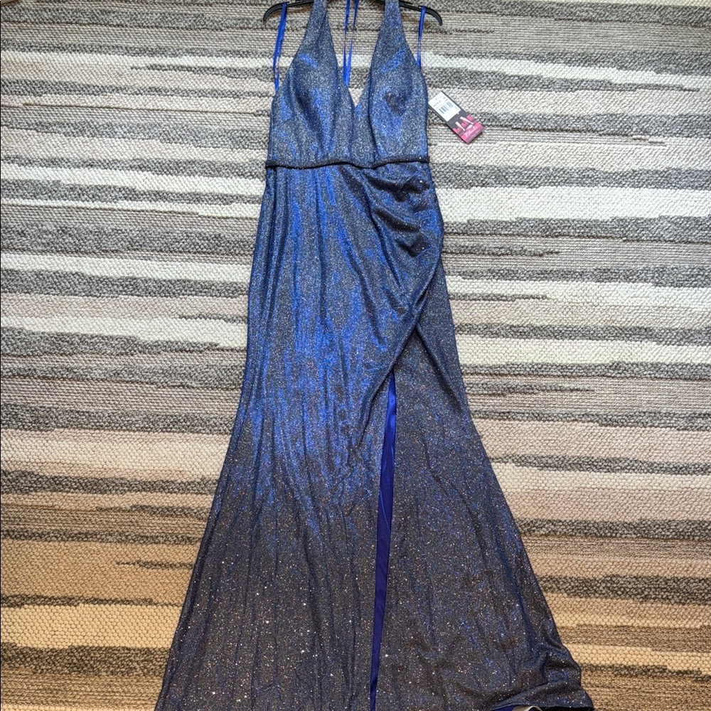 Prom Evening Sparkling Blue Backless Dress NWT